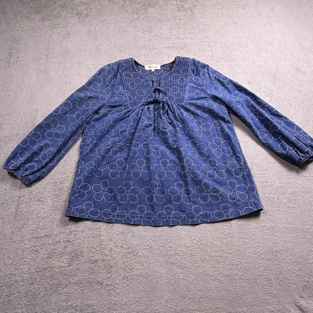 Madewell‎ Top Womens XS Navy Blue Round Neck Henley Tie Front Floral Print